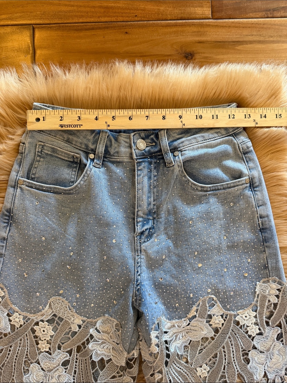 Bayeas Los Angeles Lace Panel Rhinestone Straight-Leg Jeans size 26 - Picture 6 of 15